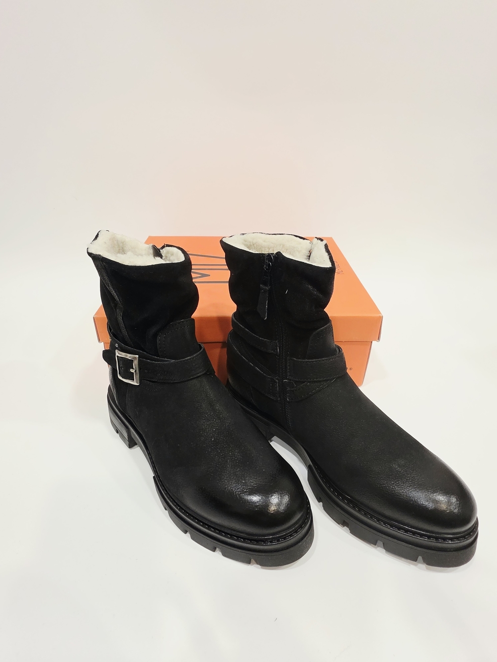 Miz Mooz Bonney Black Leather Shearling-Cuff Buckle Booties US 10.5/EU 41